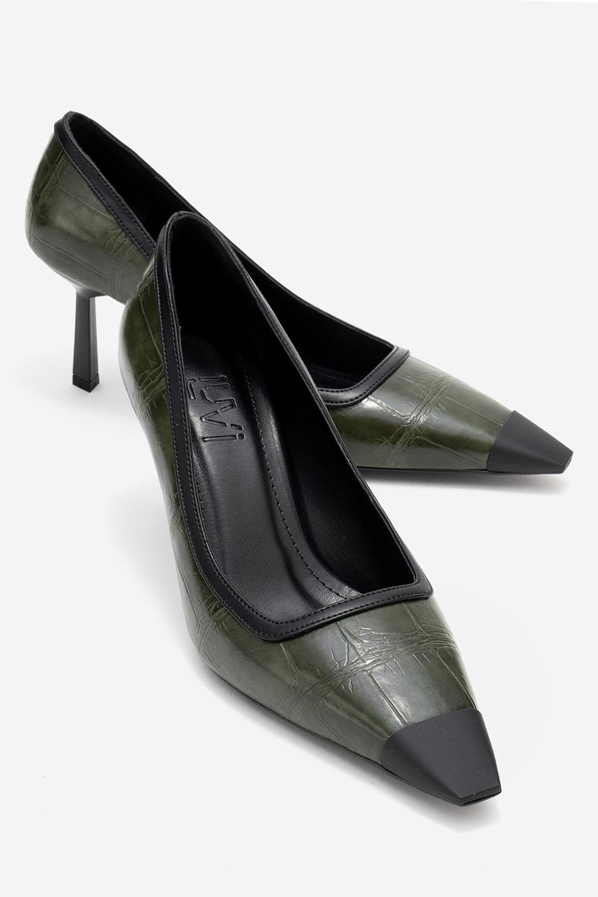 Rona - Green Printed Matte Toe Heeled Shoe – front three-quarter view showing leather, green, SimmiUnique