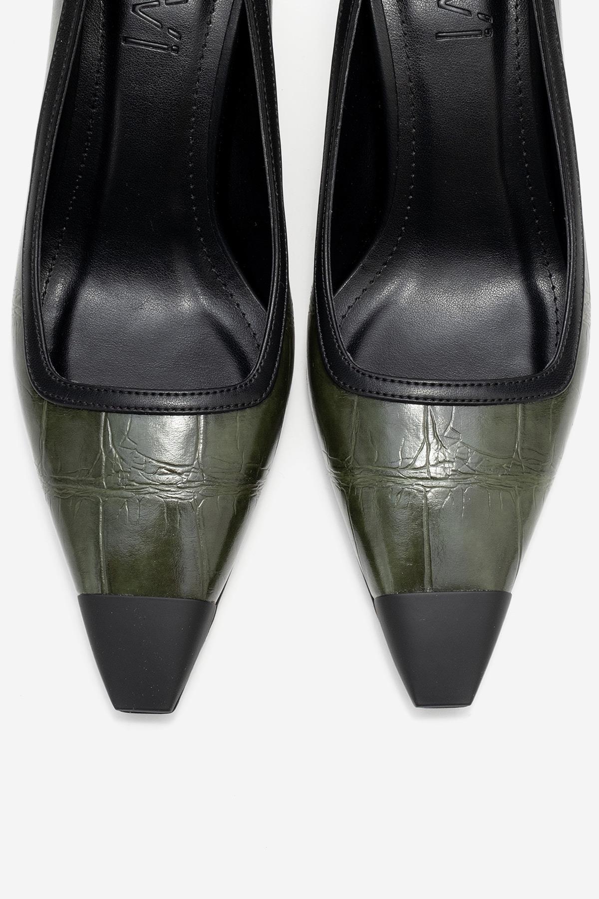 Rona - Green Printed Matte Toe Heeled Shoe – side view showing leather, green, SimmiUnique