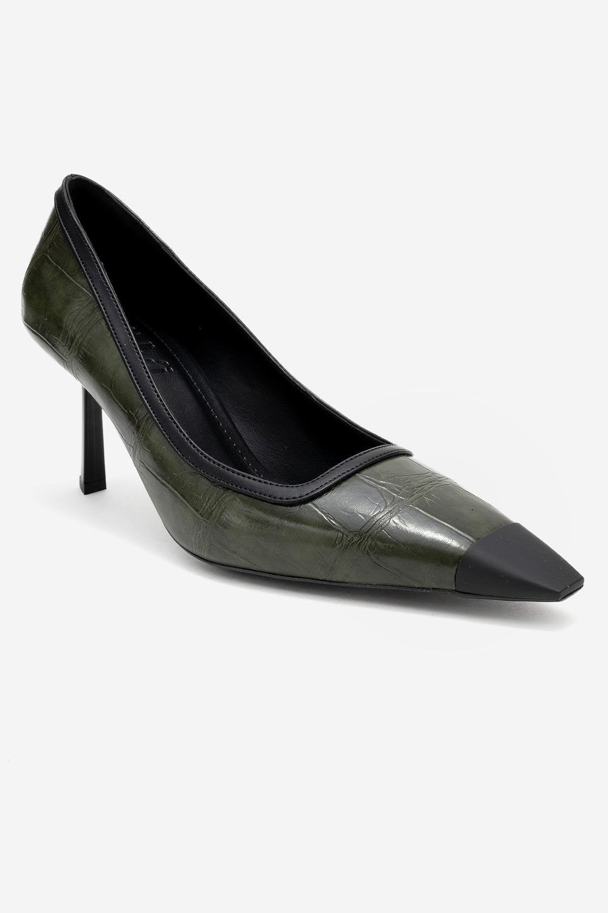 Rona - Green Printed Matte Toe Heeled Shoe – detail view showing leather, green, SimmiUnique