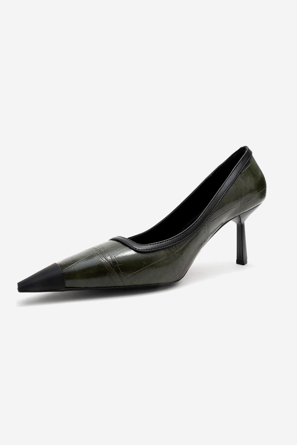 Rona - Green Printed Matte Toe Heeled Shoe – heel view showing leather, green, SimmiUnique