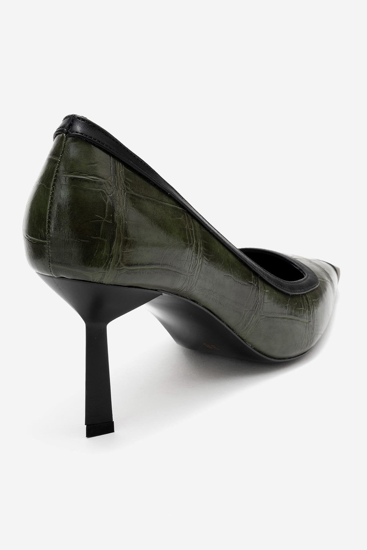 Rona - Green Printed Matte Toe Heeled Shoe – back view showing leather, green, SimmiUnique