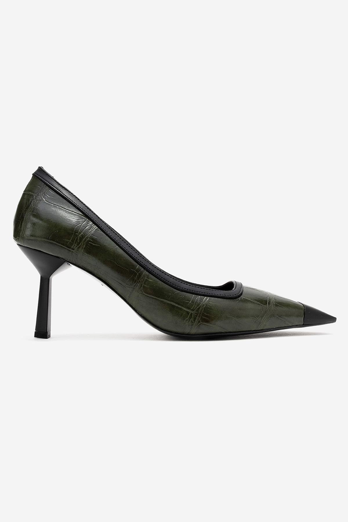 Rona - Green Printed Matte Toe Heeled Shoe – top view showing leather, green, SimmiUnique