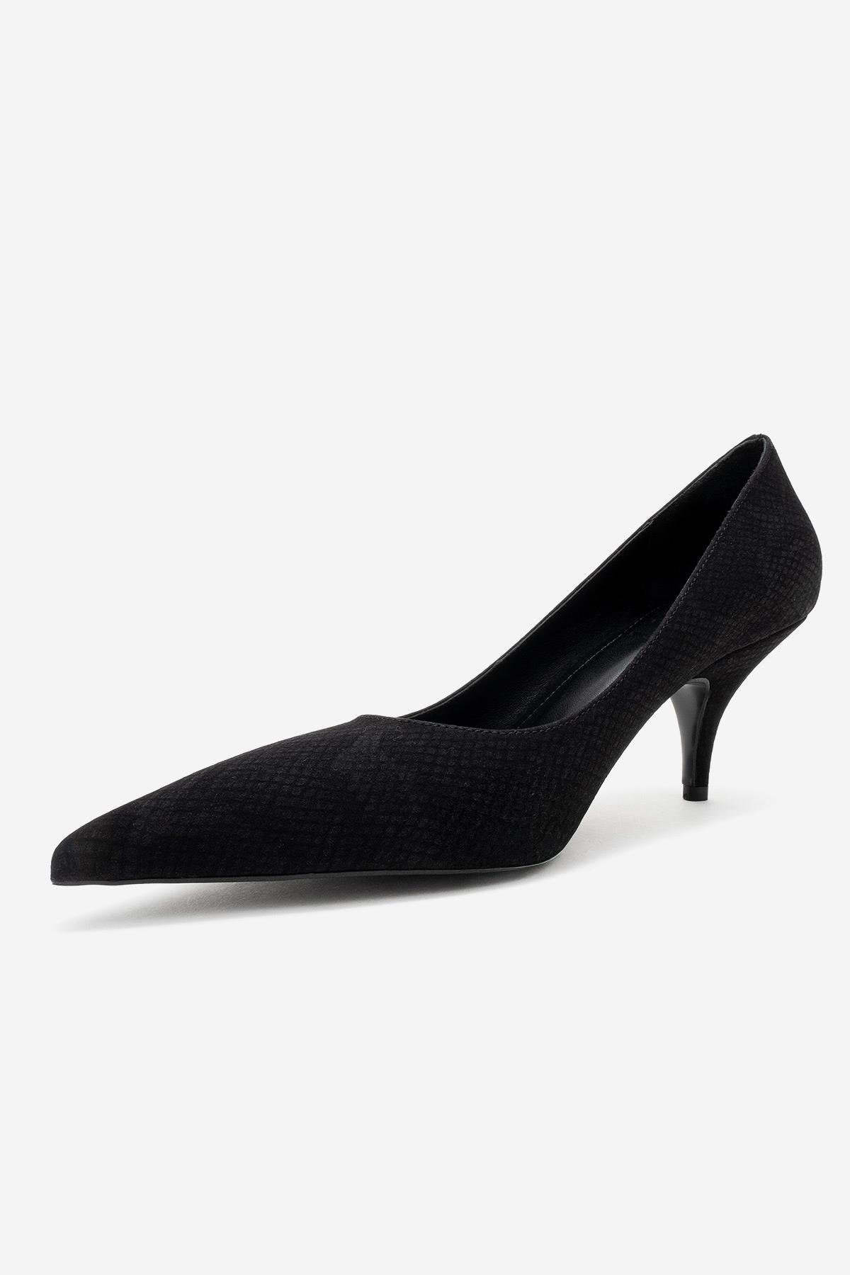 Marcus - Black Patterned Heeled Shoe – heel view showing leather, black, red, SimmiUnique