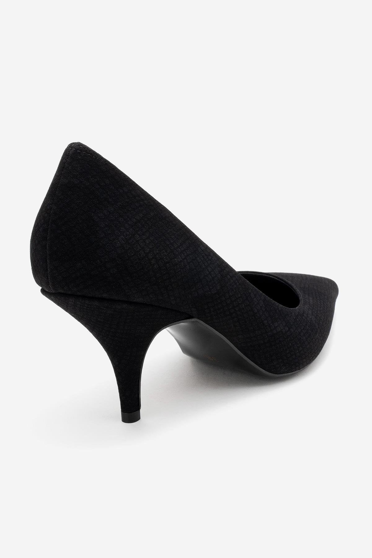 Marcus - Black Patterned Heeled Shoe – back view showing leather, black, red, SimmiUnique