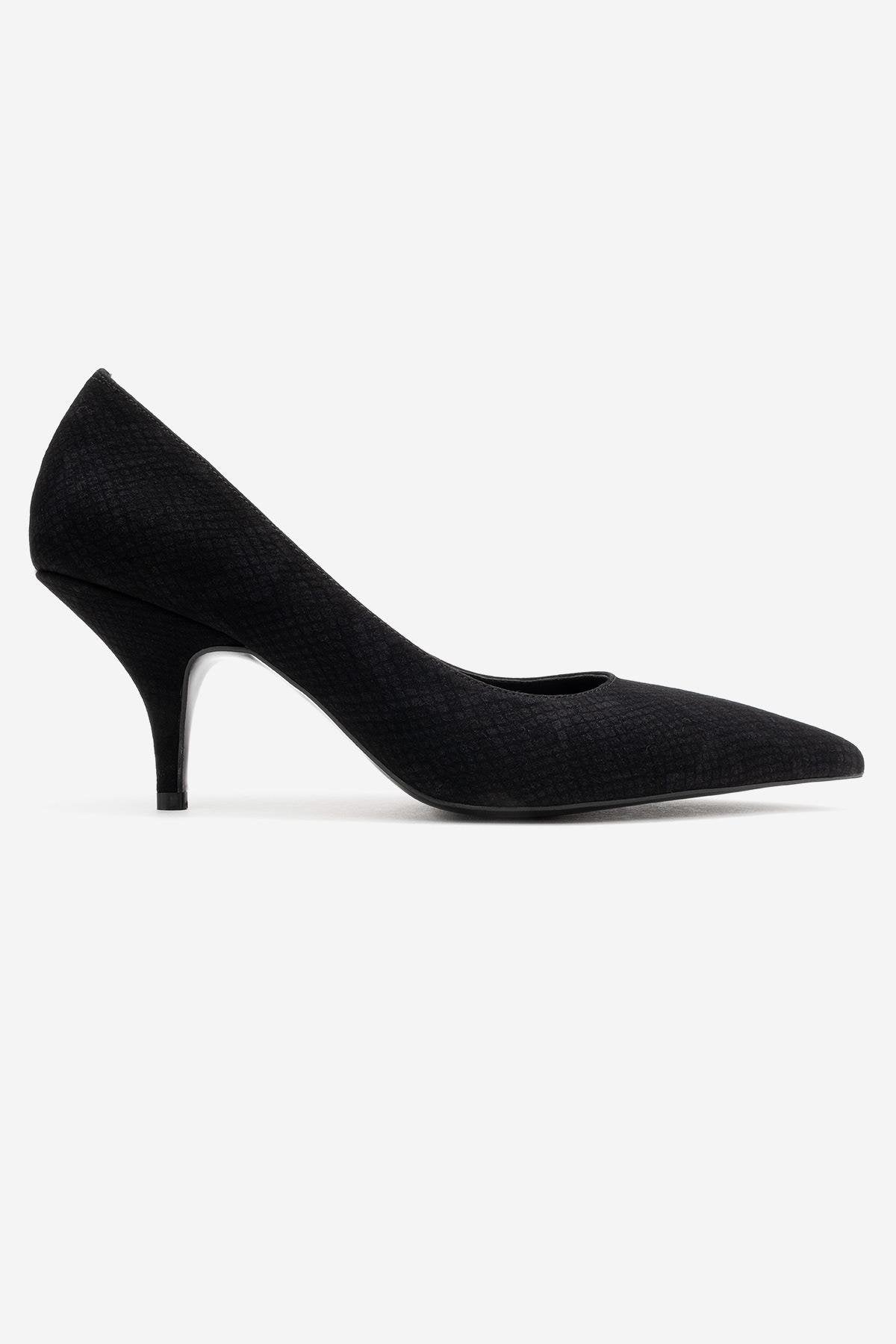 Marcus - Black Patterned Heeled Shoe – top view showing leather, black, red, SimmiUnique
