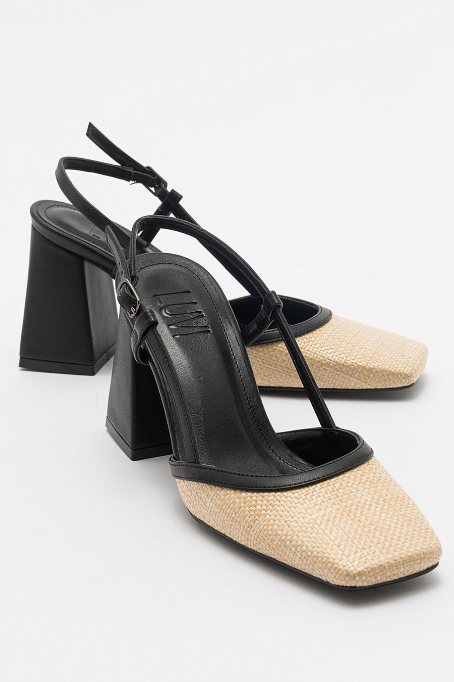 Rivie - Black Raffia Round Toe Chunky Heel Shoe