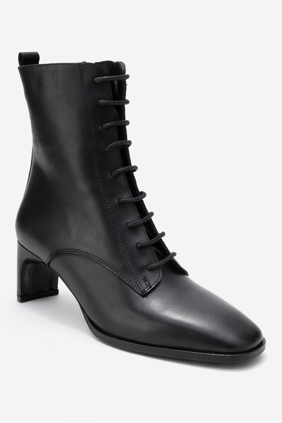 Sudy - Black Genuine Leather Lace-Up Block Heel Boot – detail view showing lace, leather, black, SimmiUnique