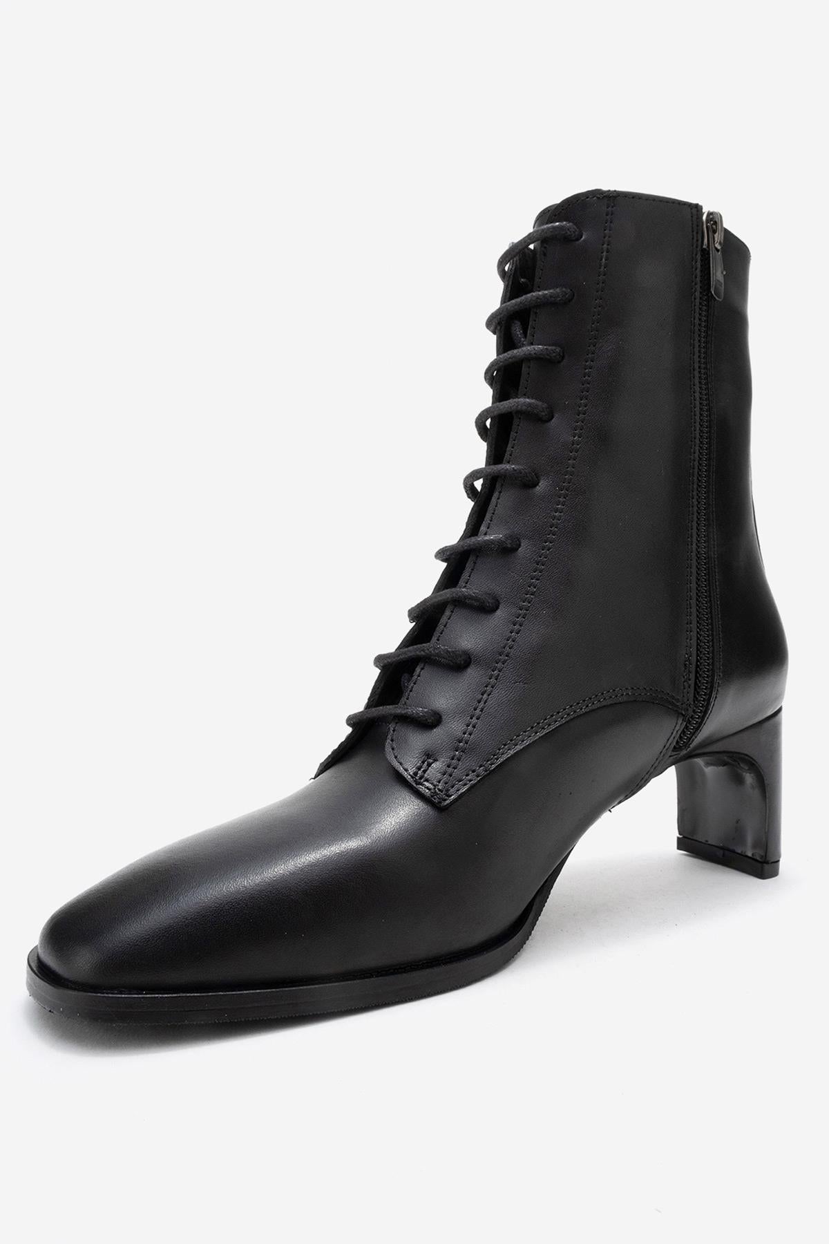 Sudy - Black Genuine Leather Lace-Up Block Heel Boot – heel view showing lace, leather, black, SimmiUnique