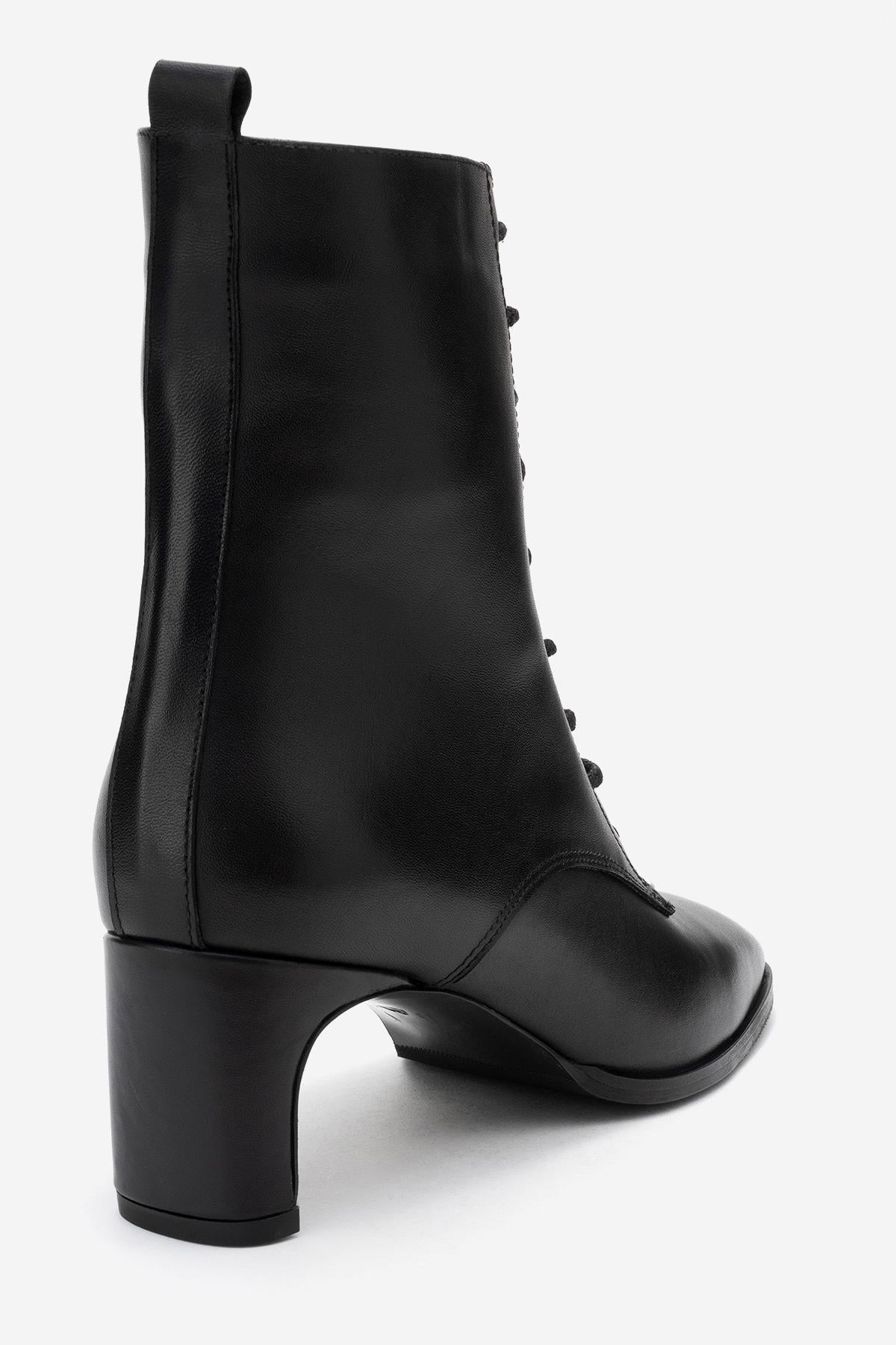 Sudy - Black Genuine Leather Lace-Up Block Heel Boot – back view showing lace, leather, black, SimmiUnique