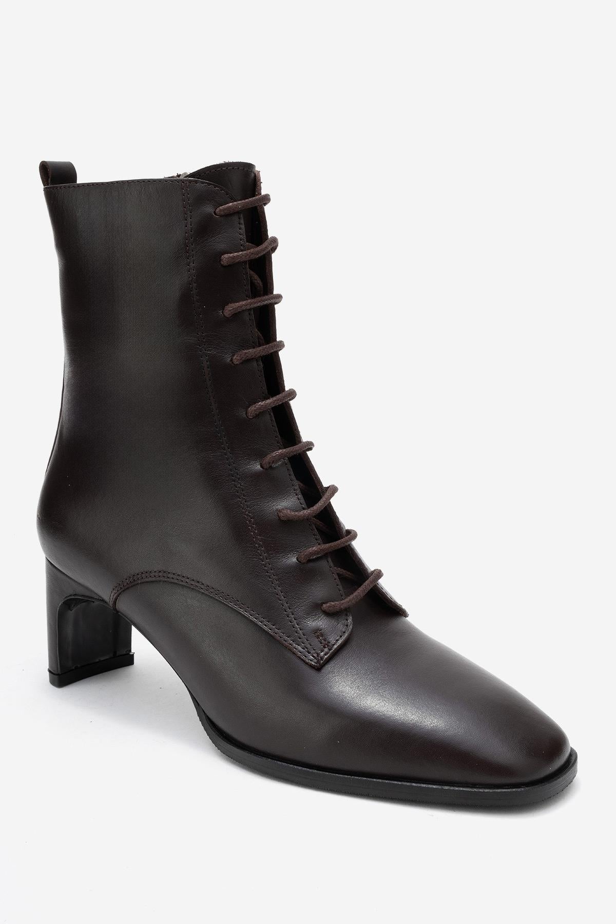 Sudy - Brown Genuine Leather Lace-Up Block Heel Boot – detail view showing lace, leather, SimmiUnique