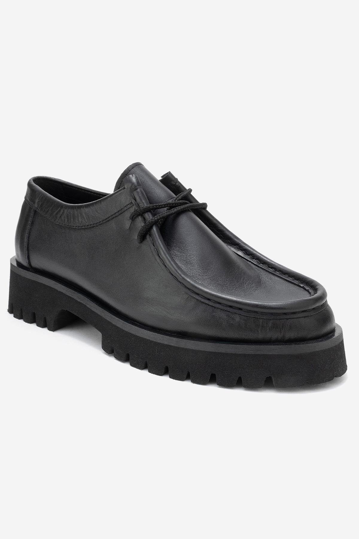 Talia - Black Genuine Leather Lace-Up Loafer – detail view showing lace, leather, black, SimmiUnique