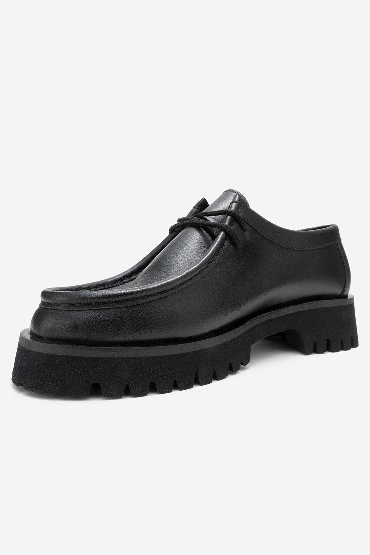 Talia - Black Genuine Leather Lace-Up Loafer – heel view showing lace, leather, black, SimmiUnique