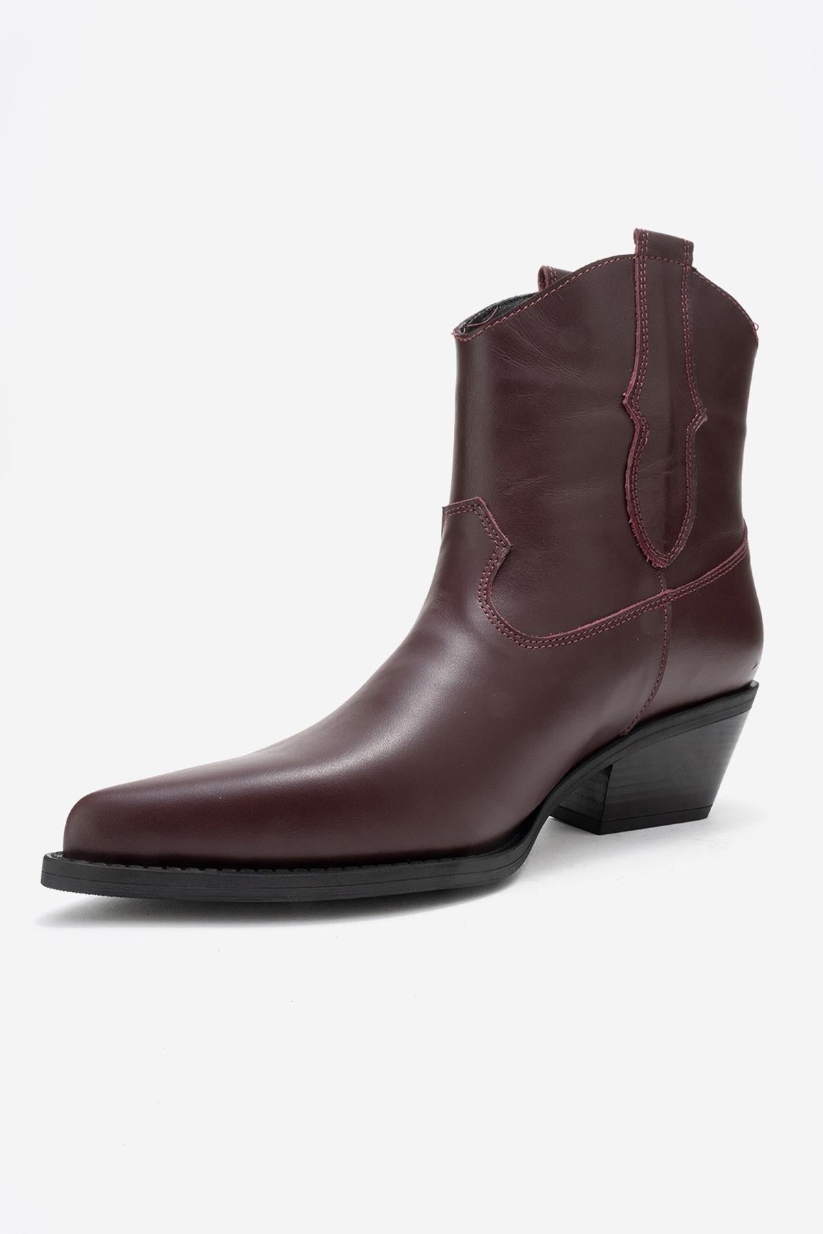 Elia - Burgundy Genuine Leather Western Boot – heel view showing leather, SimmiUnique