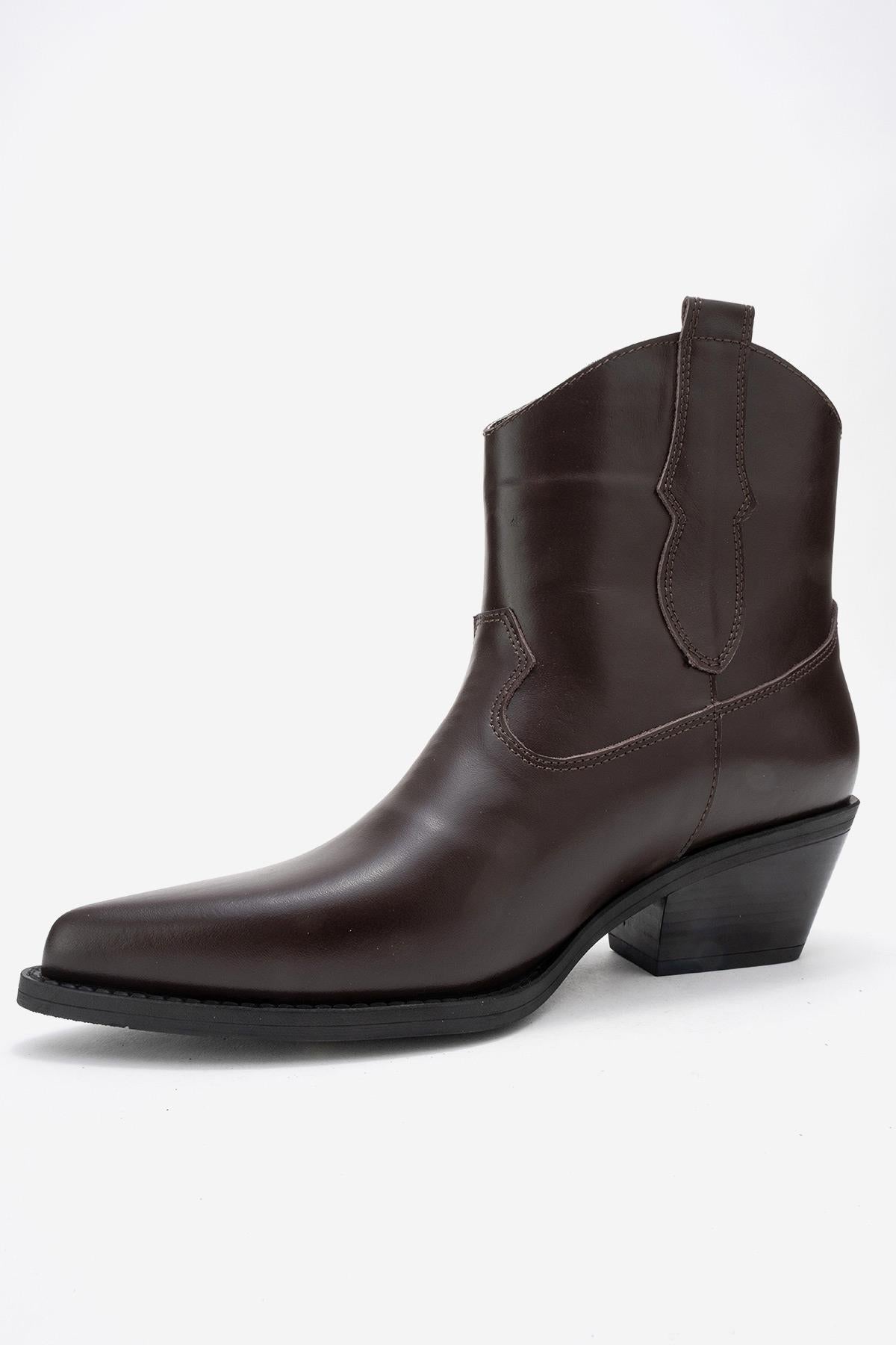 Elia - Brown Genuine Leather Western Boot – heel view showing leather, red, SimmiUnique