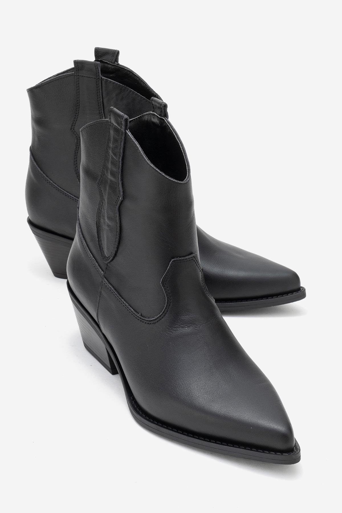 Elia - Black Genuine Leather Western Boot – front three-quarter view showing leather, black, red, SimmiUnique