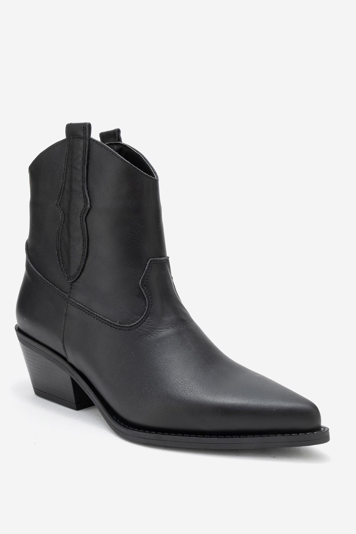 Elia - Black Genuine Leather Western Boot – detail view showing leather, black, red, SimmiUnique