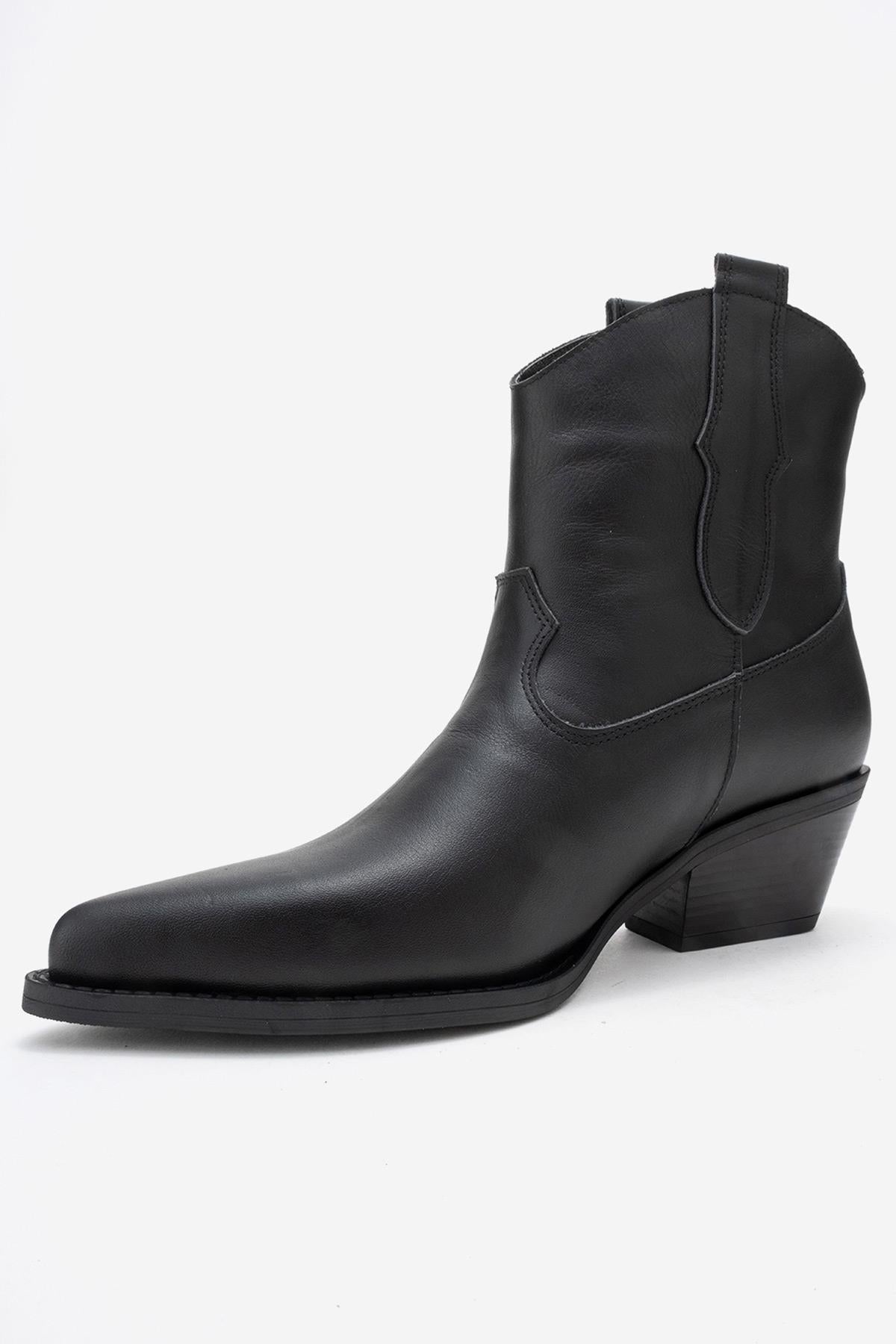 Elia - Black Genuine Leather Western Boot – heel view showing leather, black, red, SimmiUnique