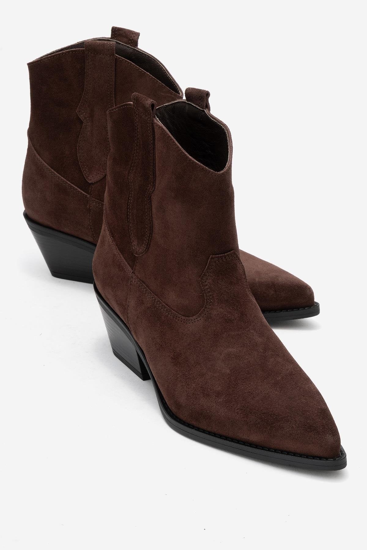 Elia - Brown Suede Genuine Leather Western Boot – front three-quarter view showing leather, suede, SimmiUnique