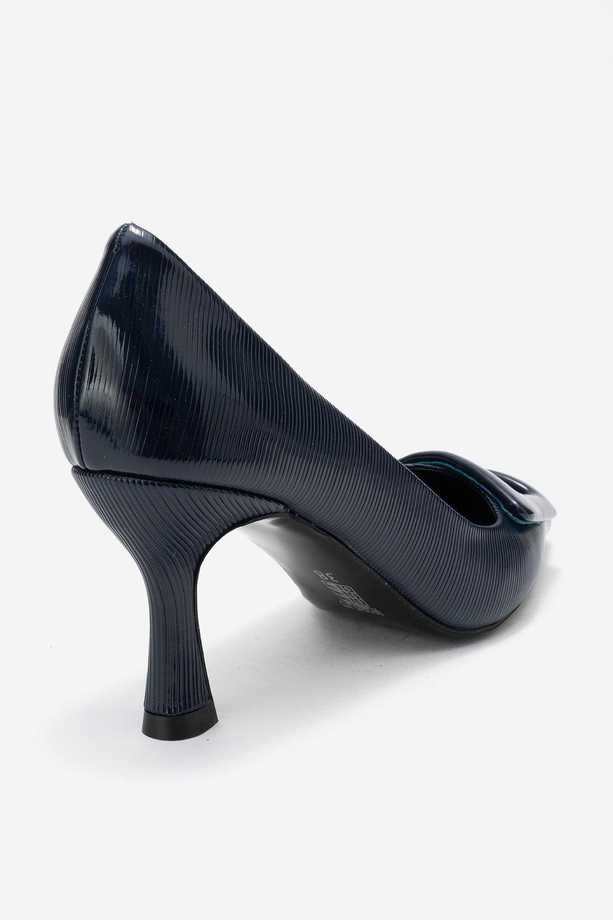 Astra - Navy Striped Buckle Pump – back view showing leather, red, SimmiUnique