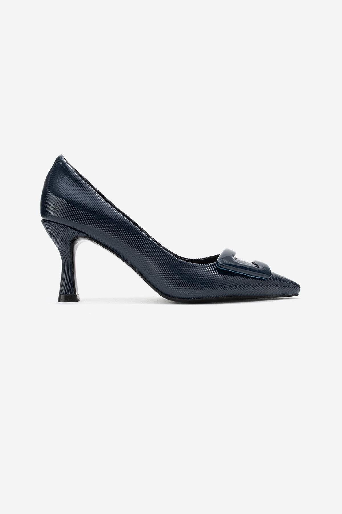 Astra - Navy Striped Buckle Pump – top view showing leather, red, SimmiUnique