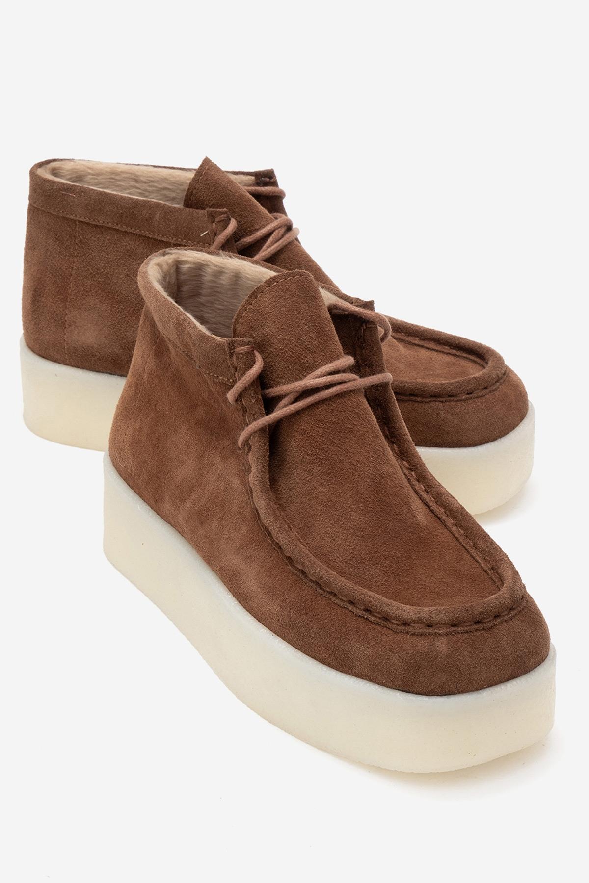 Melia - Cognac Suede Genuine Leather Ankle Boot – front three-quarter view showing leather, suede, SimmiUnique
