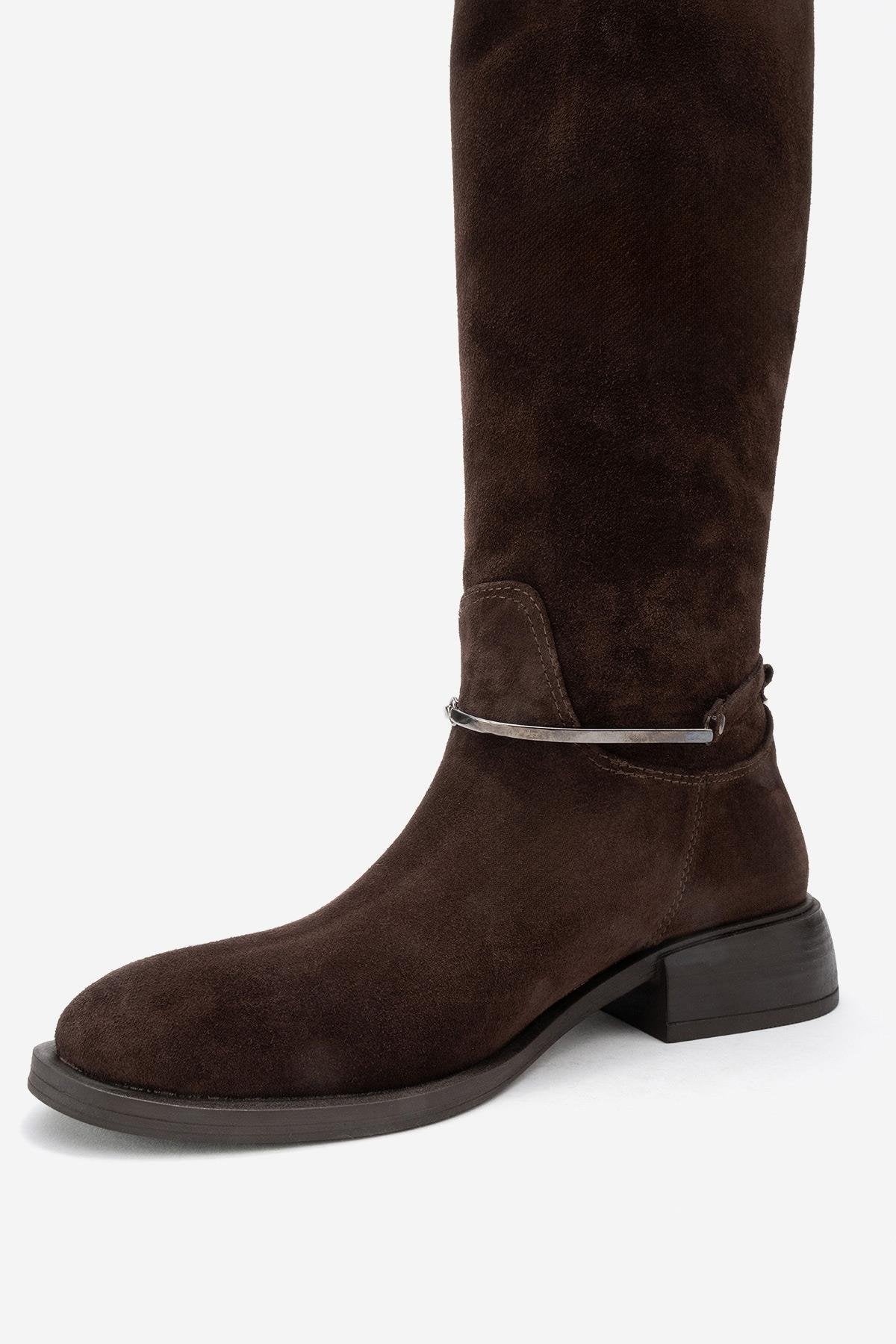 Ansel - Brown Suede Genuine Leather Ankle-Strap Riding Boot – heel view showing leather, suede, SimmiUnique