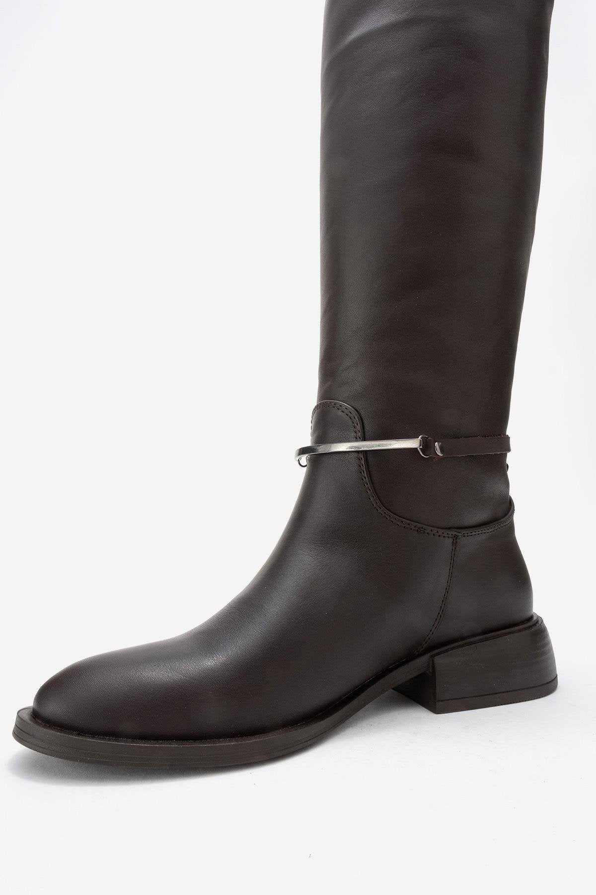 Ansel - Brown Genuine Leather Ankle-Strap Riding Boot – heel view showing leather, SimmiUnique