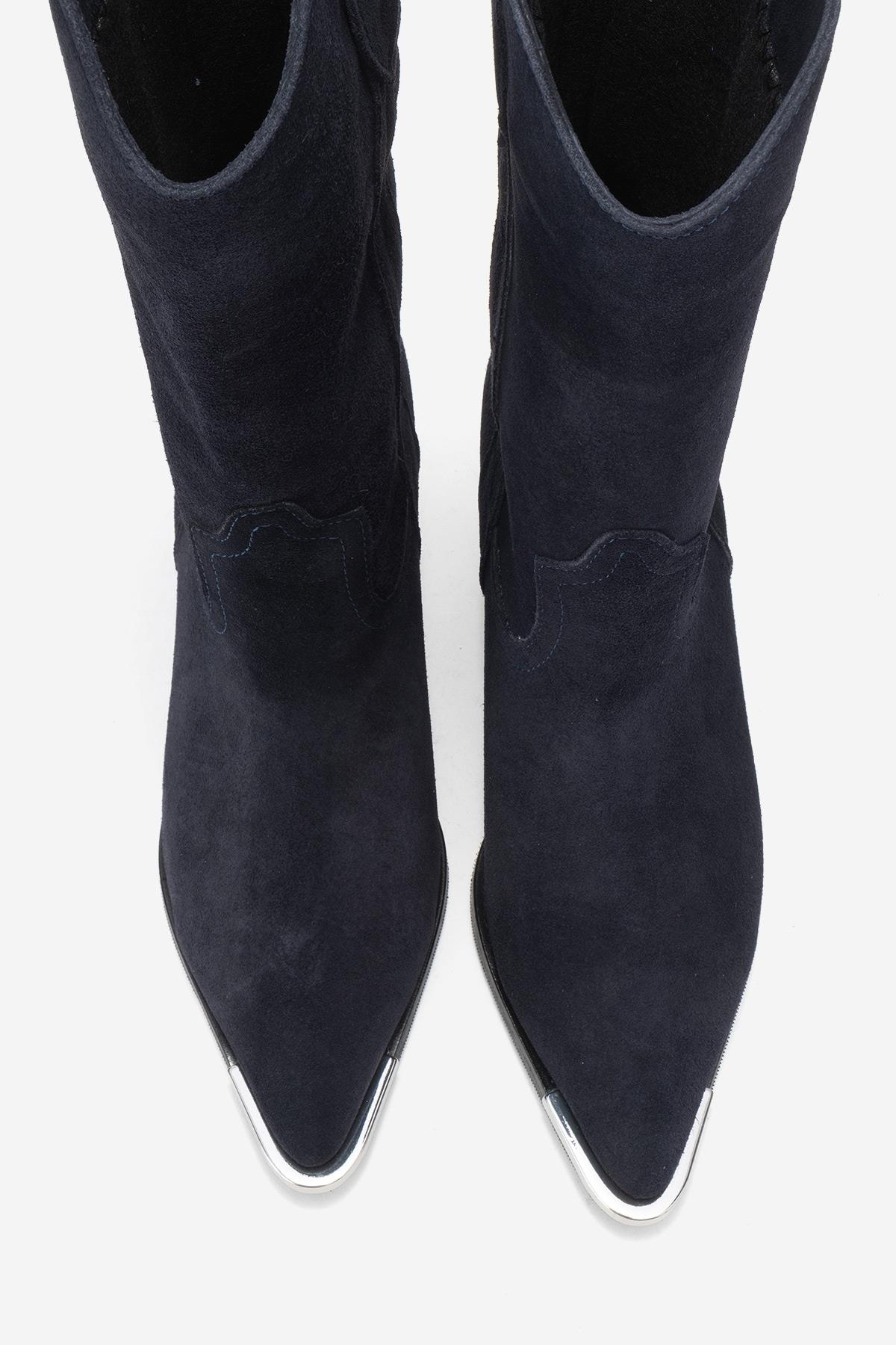 Alvi - Navy Suede Genuine Leather Western Boot – side view showing leather, suede, SimmiUnique