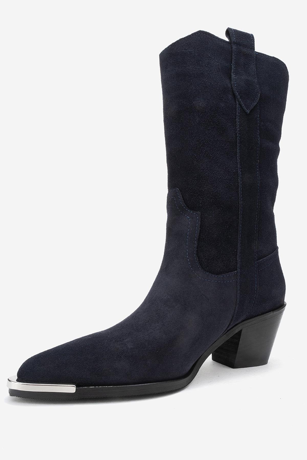 Alvi - Navy Suede Genuine Leather Western Boot – heel view showing leather, suede, SimmiUnique