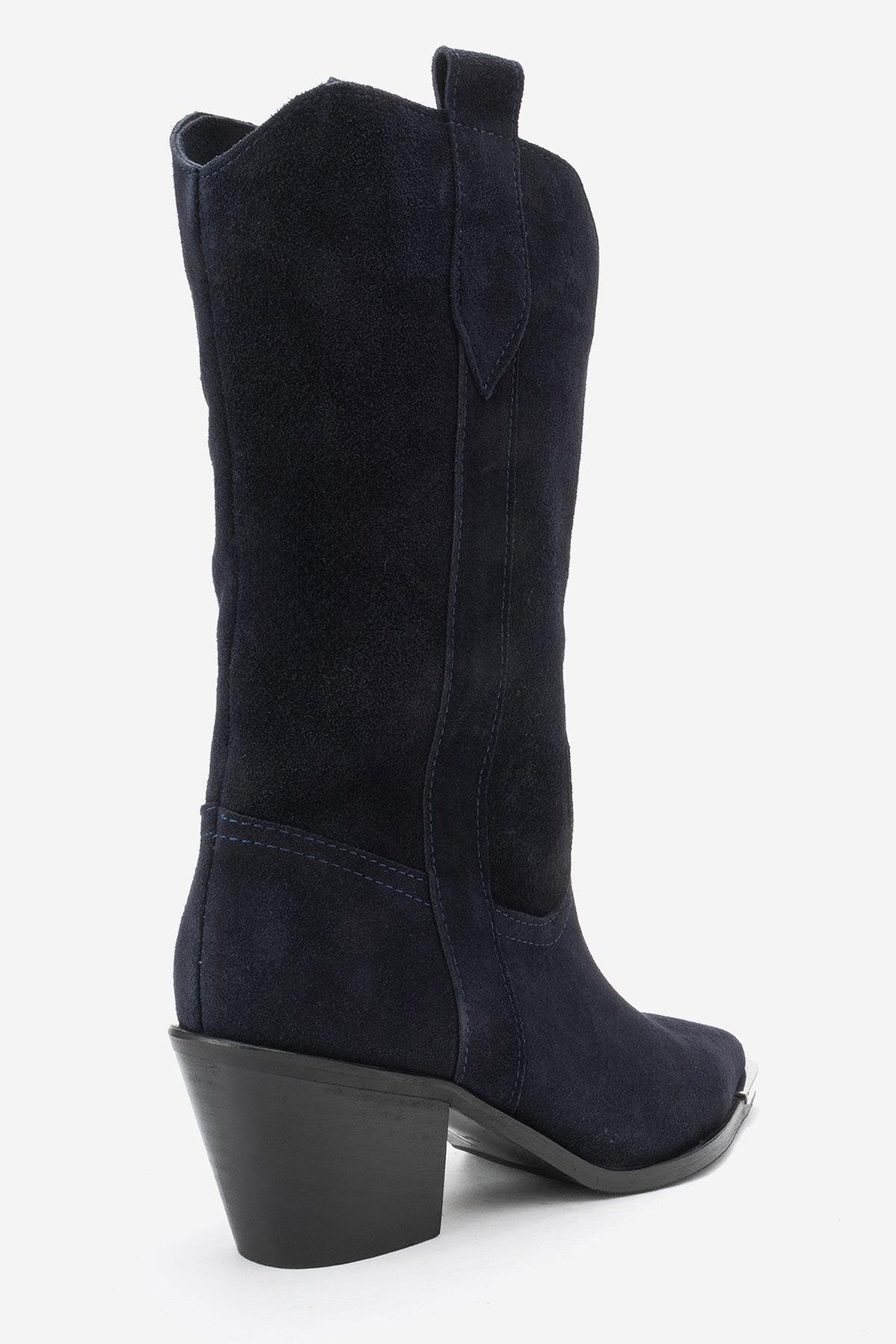 Alvi - Navy Suede Genuine Leather Western Boot – back view showing leather, suede, SimmiUnique
