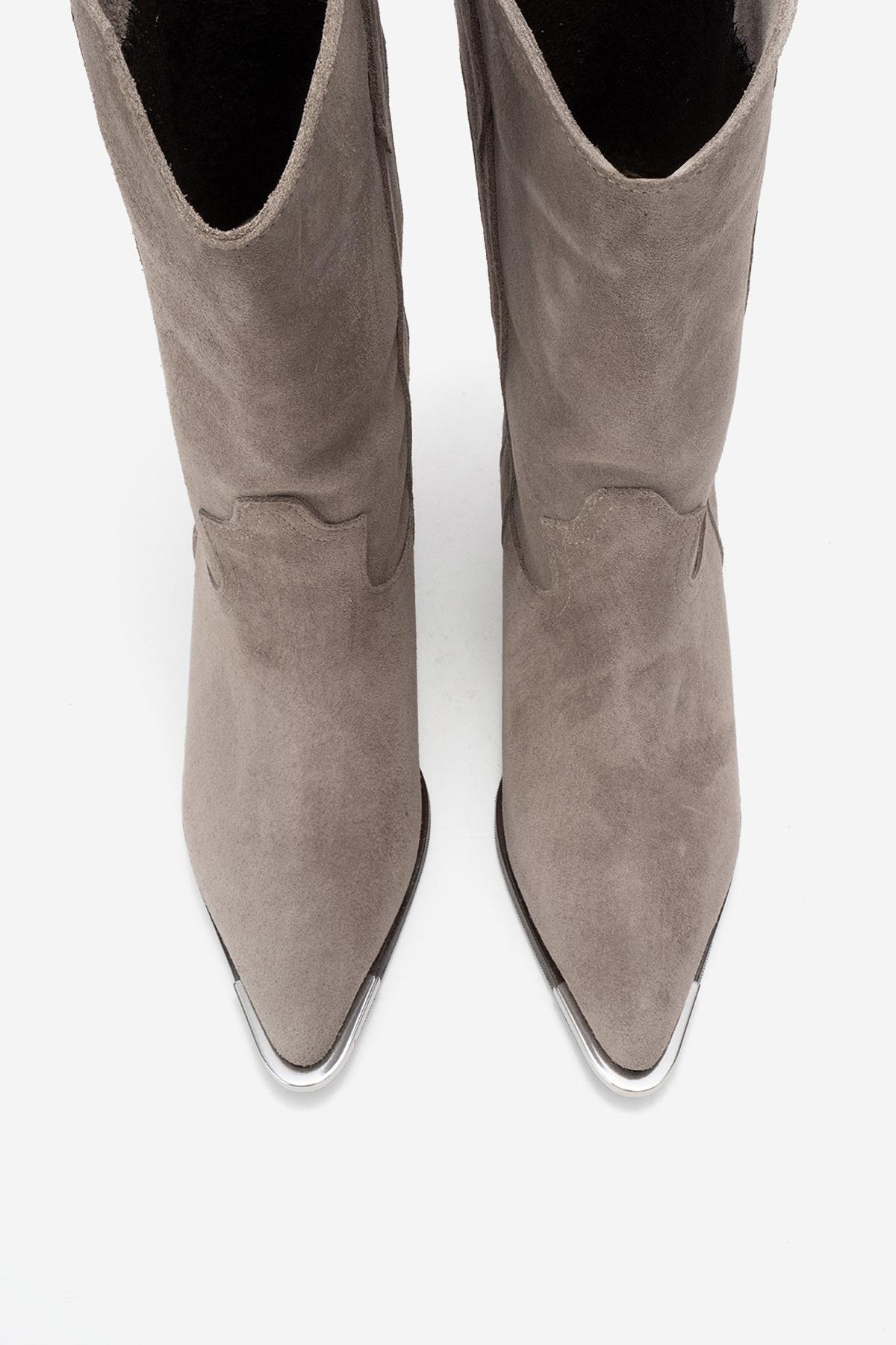 Alvi - Taupe Suede Genuine Leather Western Boot – side view showing leather, suede, SimmiUnique