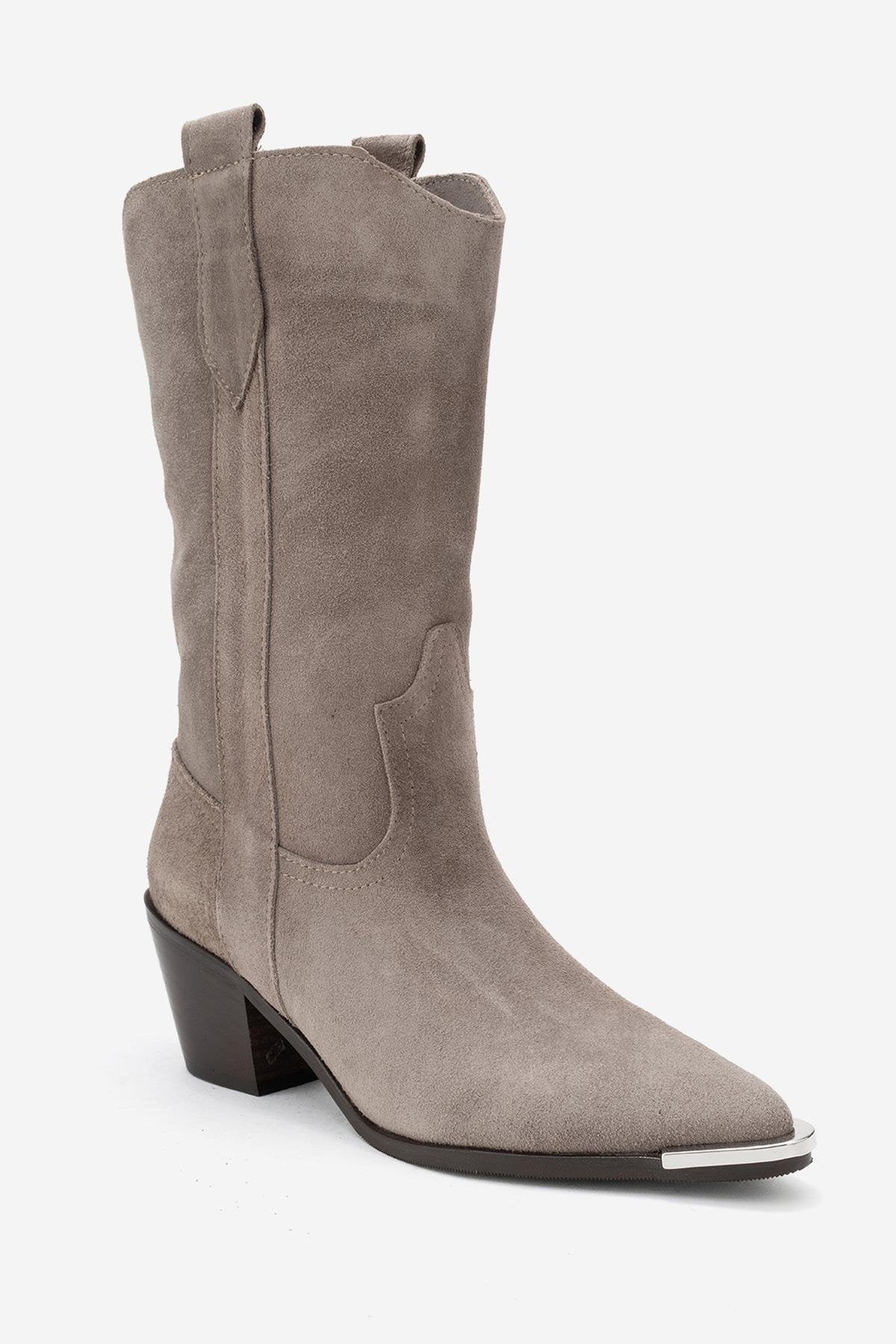 Alvi - Taupe Suede Genuine Leather Western Boot – detail view showing leather, suede, SimmiUnique