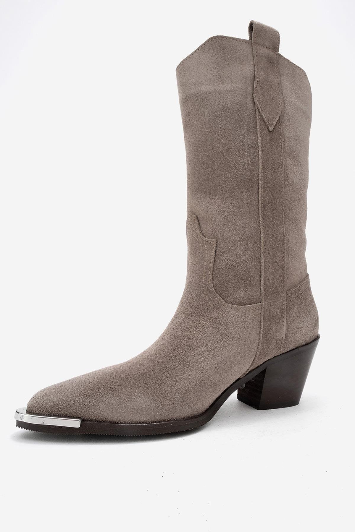Alvi - Taupe Suede Genuine Leather Western Boot – heel view showing leather, suede, SimmiUnique