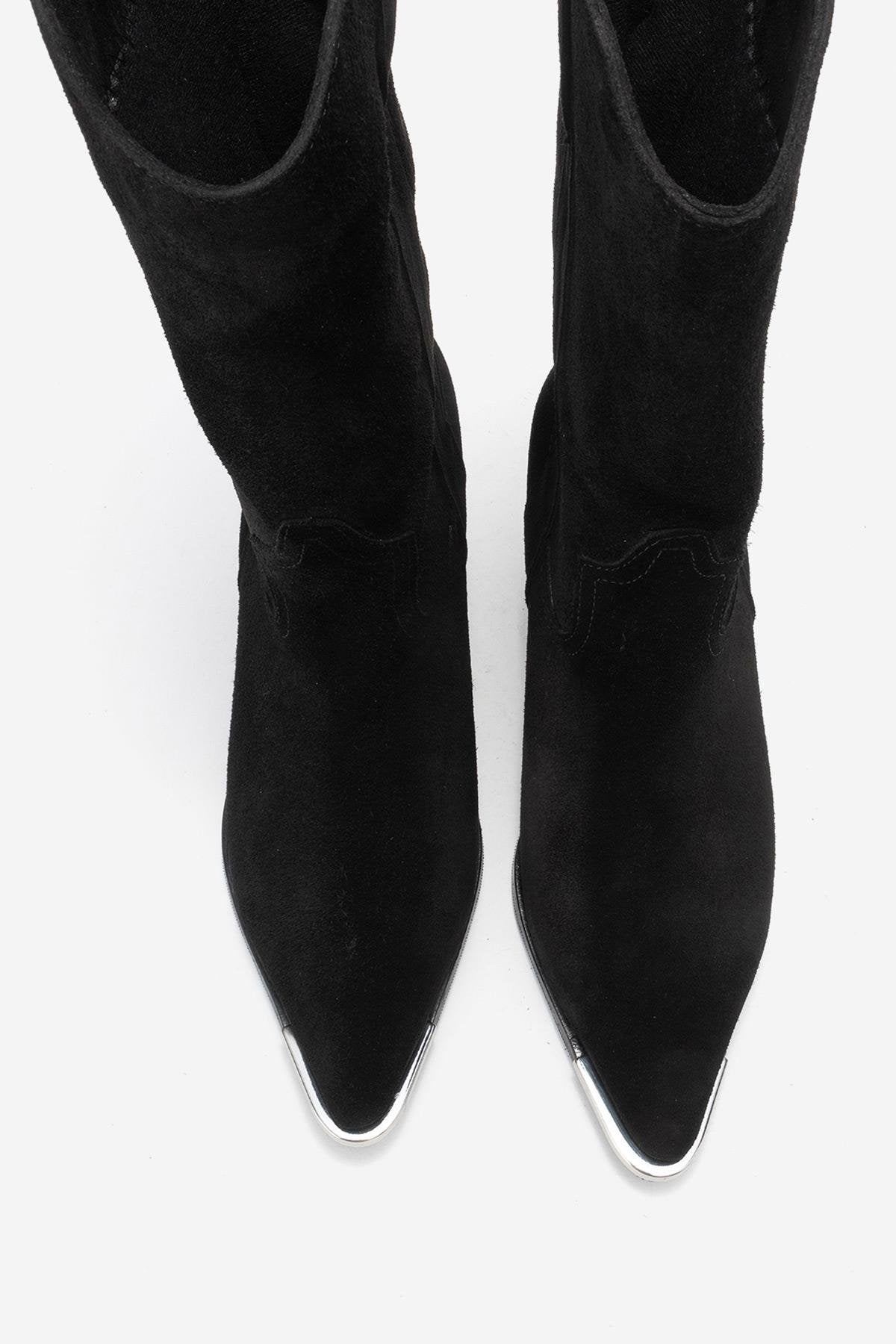 Alvi - Black Suede Genuine Leather Western Boot – side view showing leather, suede, black, SimmiUnique