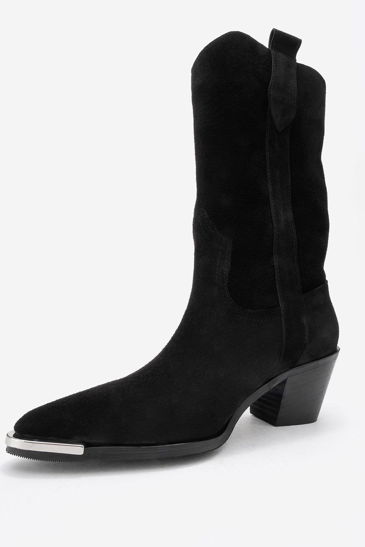 Alvi - Black Suede Genuine Leather Western Boot – heel view showing leather, suede, black, SimmiUnique