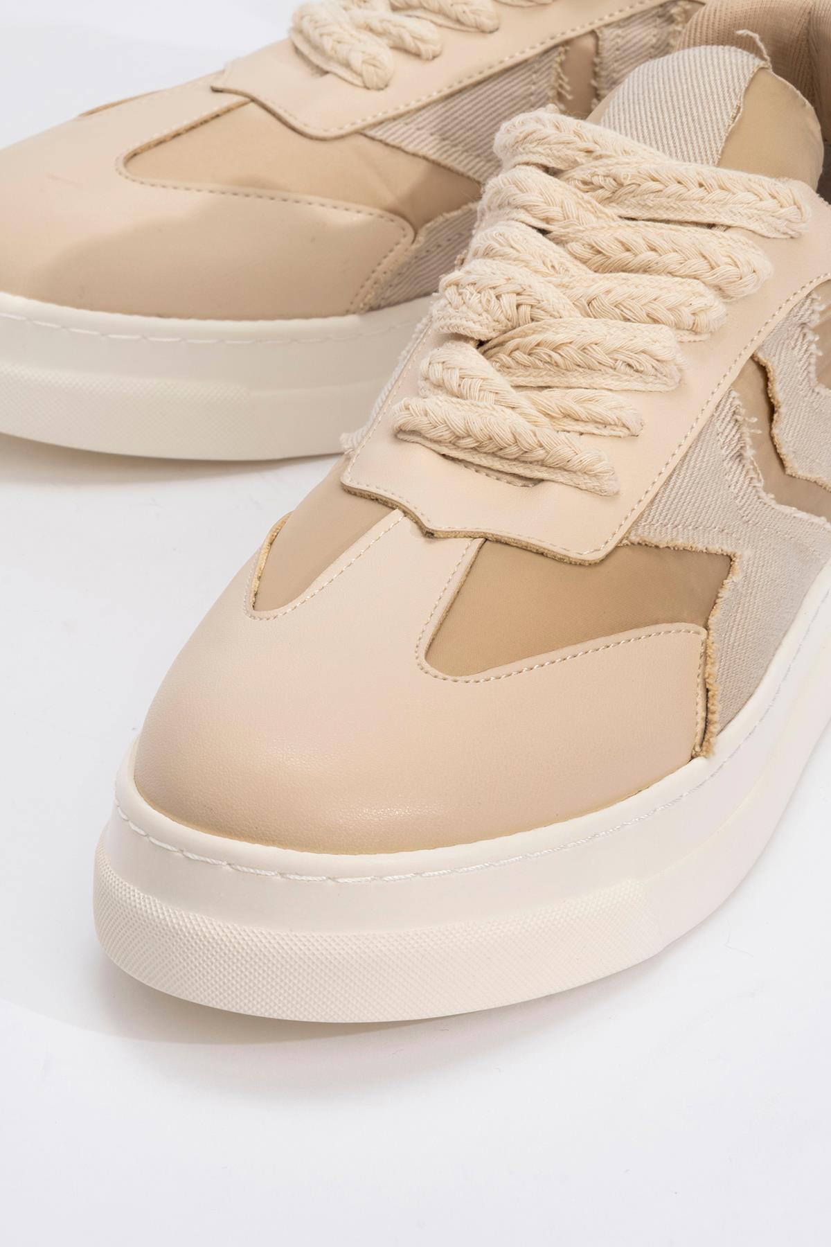 Sande - Beige Denim Detailed Sport Sneakers – detail view showing leather, SimmiUnique