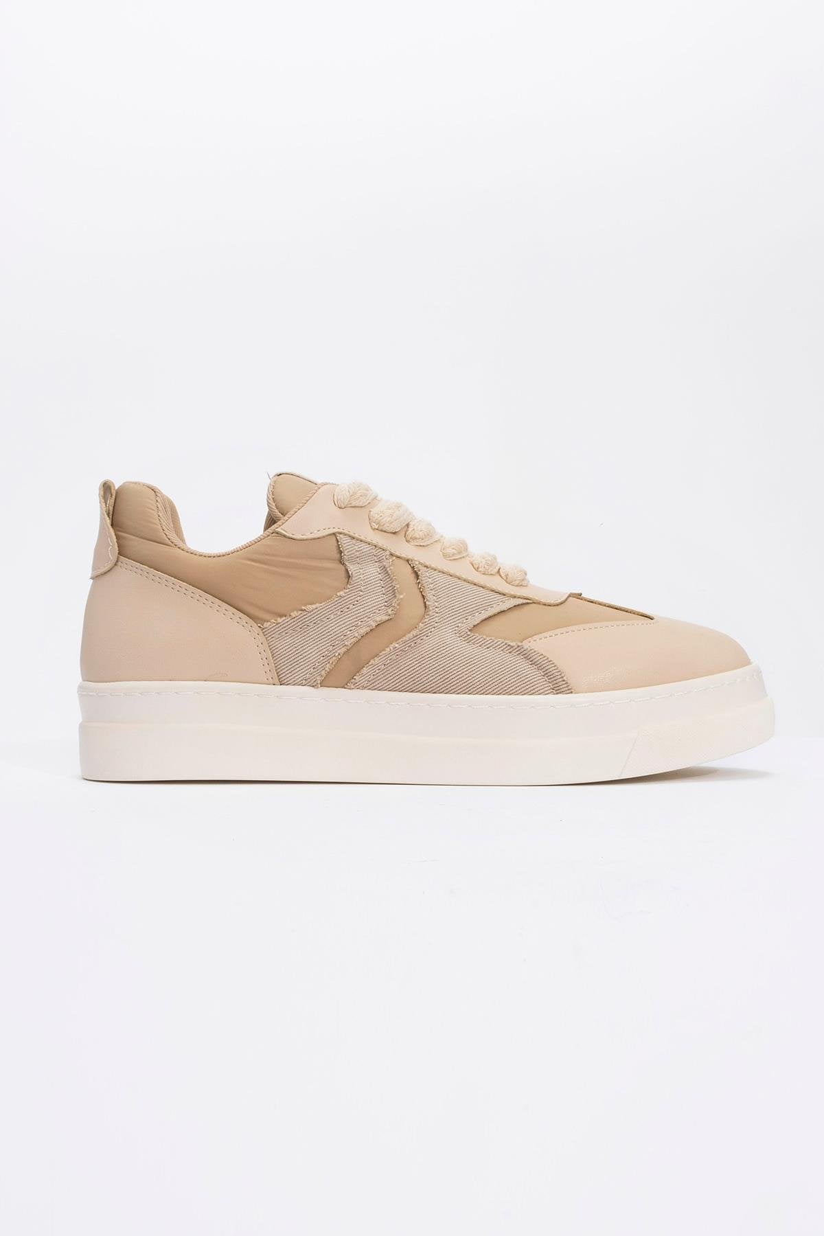 Sande - Beige Denim Detailed Sport Sneakers – heel view showing leather, SimmiUnique