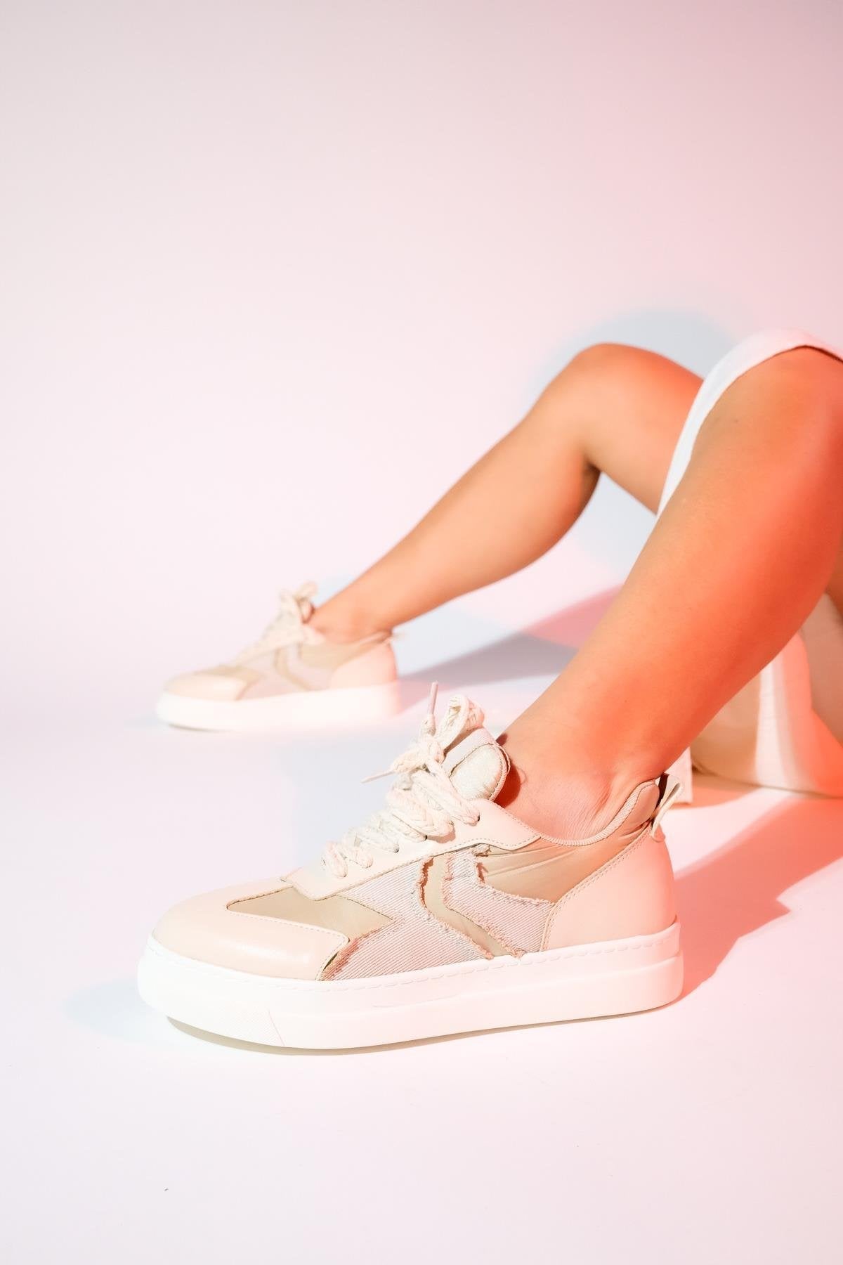 Sande - Beige Denim Detailed Sport Sneakers – back view showing leather, SimmiUnique
