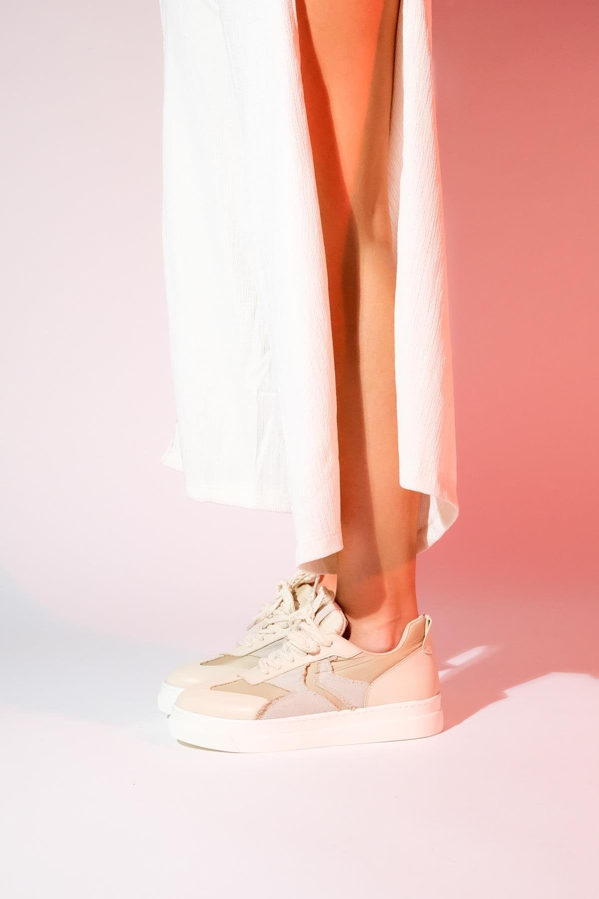 Sande - Beige Denim Detailed Sport Sneakers – pair view showing leather, SimmiUnique