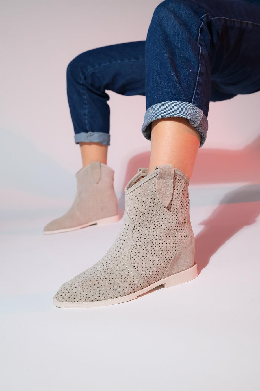 Loivos - Beige Genuine Leather Perforated Hidden Heel Summer Boot