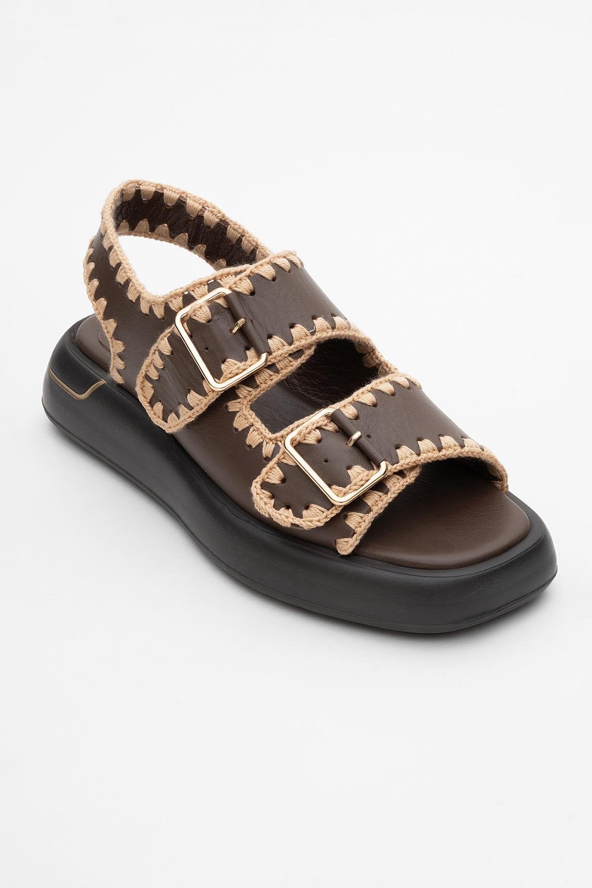 Douro - Brown Braided Rope Strap Leather Sandal – detail view showing leather, SimmiUnique