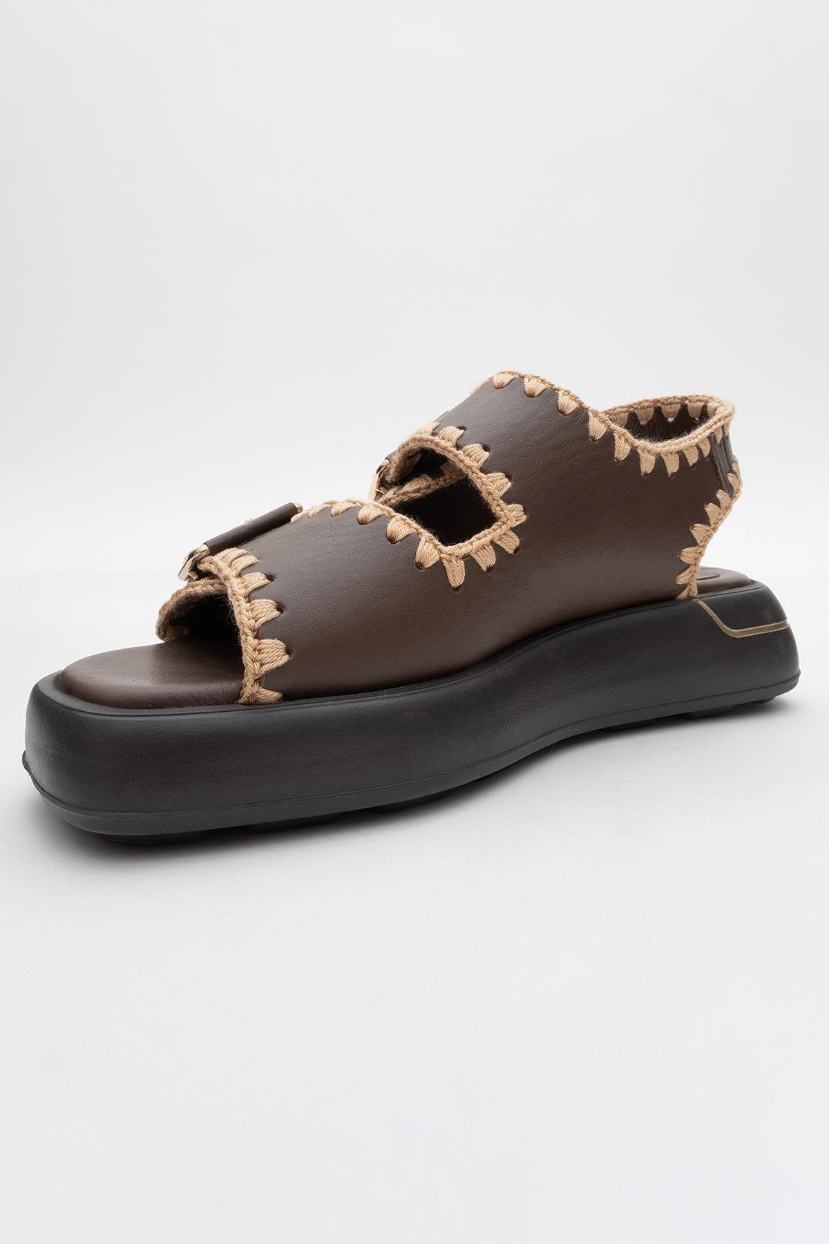 Douro - Brown Braided Rope Strap Leather Sandal – heel view showing leather, SimmiUnique