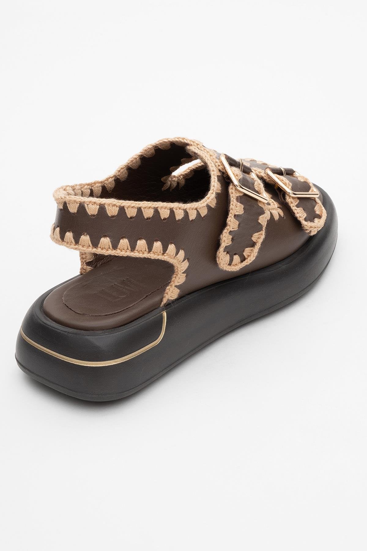 Douro - Brown Braided Rope Strap Leather Sandal – back view showing leather, SimmiUnique