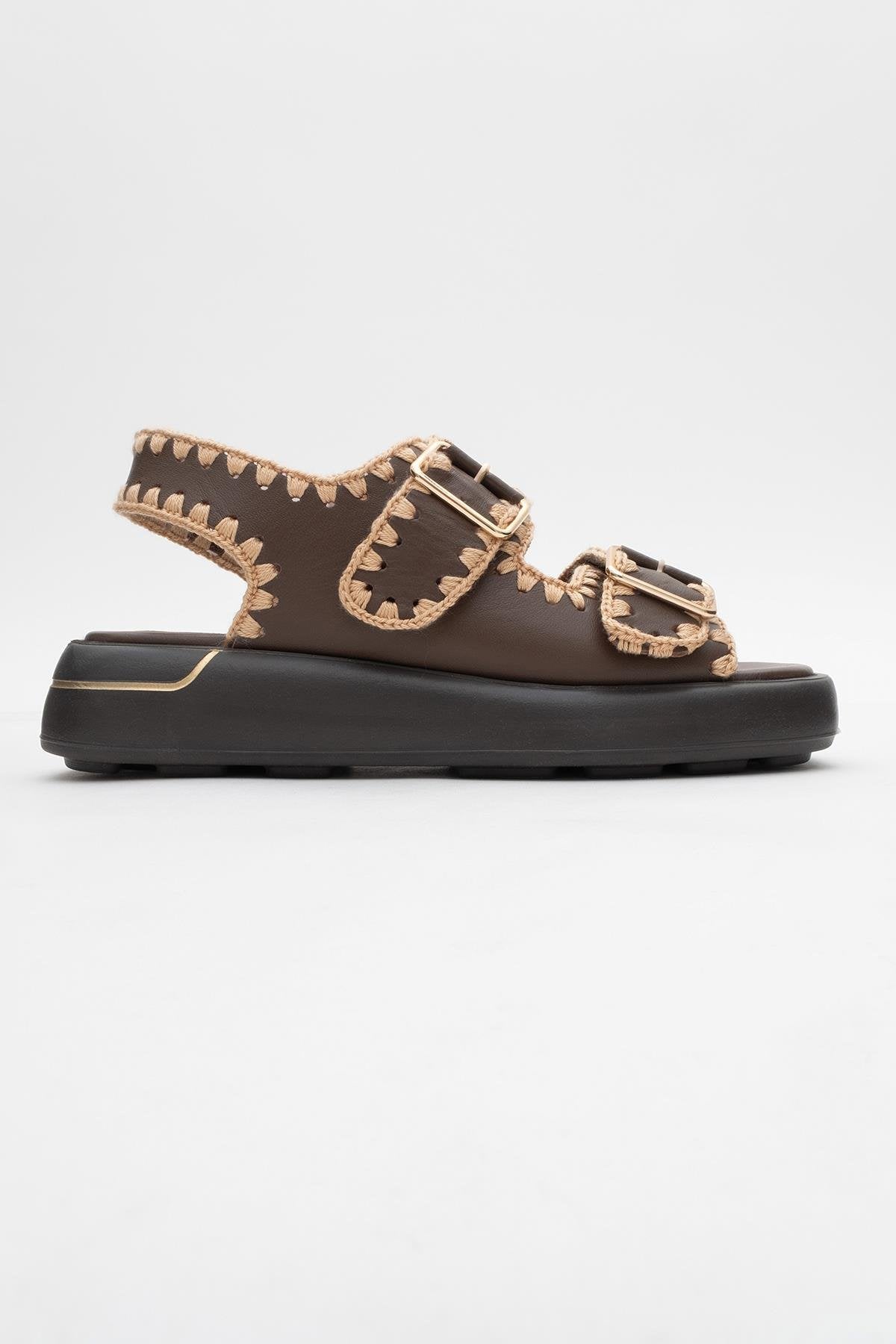 Douro - Brown Braided Rope Strap Leather Sandal – top view showing leather, SimmiUnique