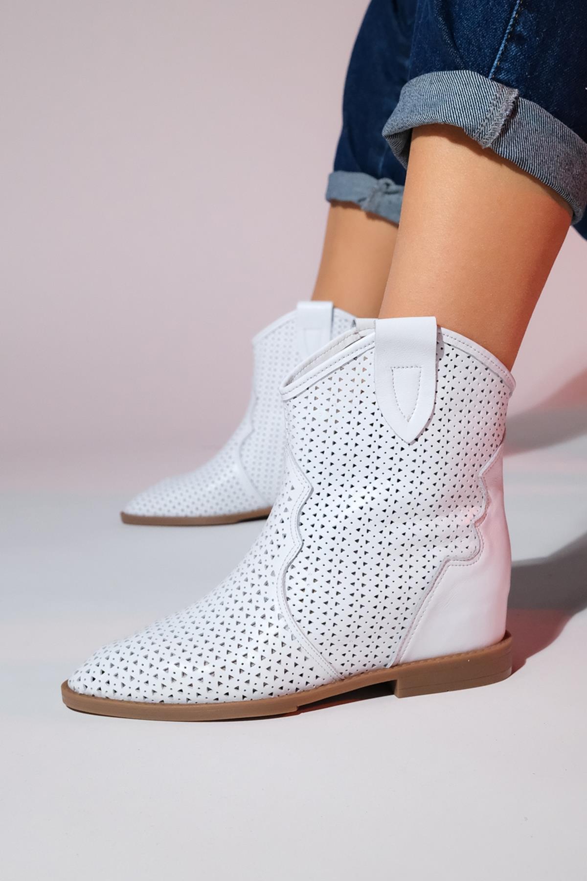Loivos - White Genuine Leather Perforated Hidden Wedge Summer Ankle Bo – detail view showing leather, white, SimmiUnique