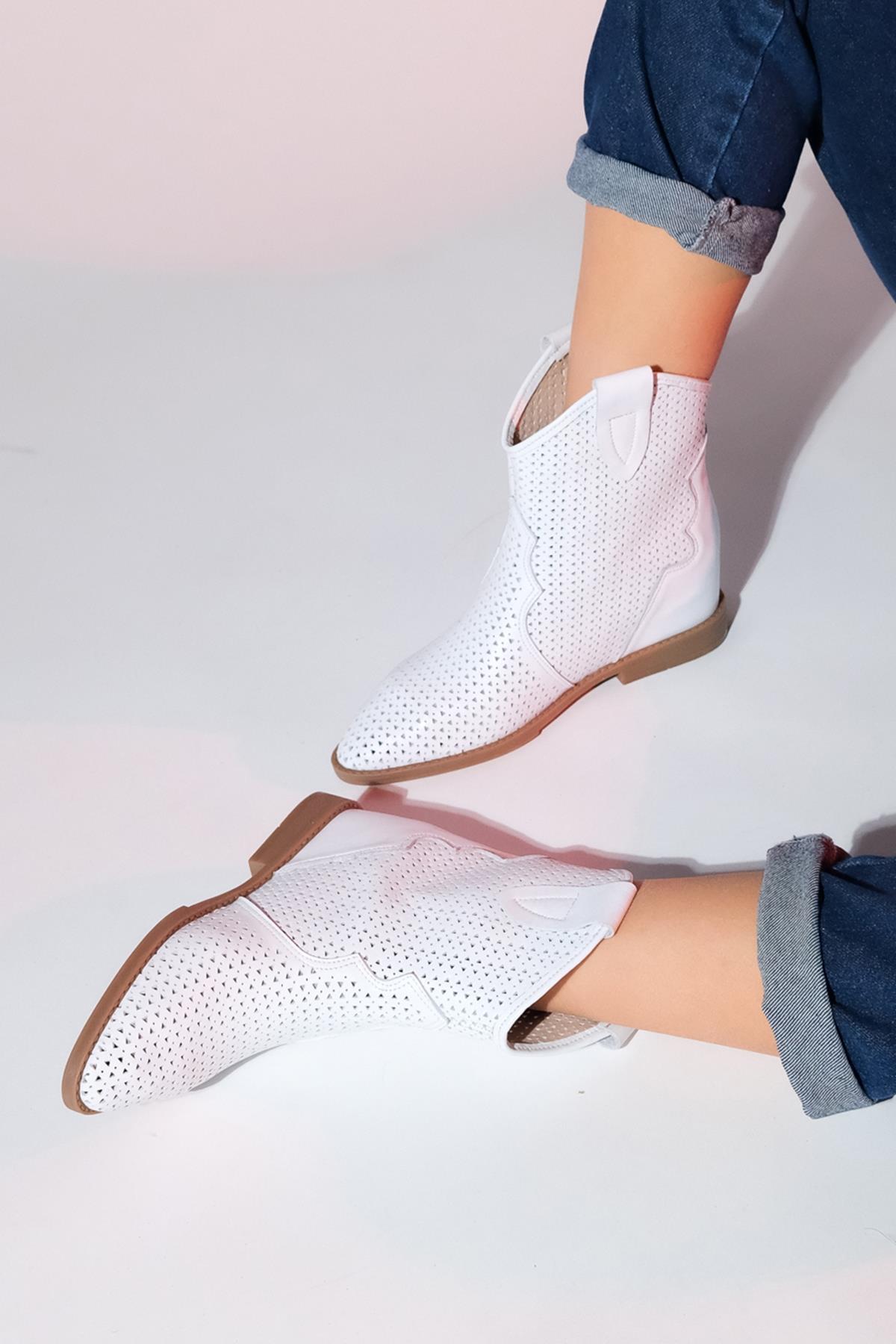Loivos - White Genuine Leather Perforated Hidden Wedge Summer Ankle Bo – heel view showing leather, white, SimmiUnique