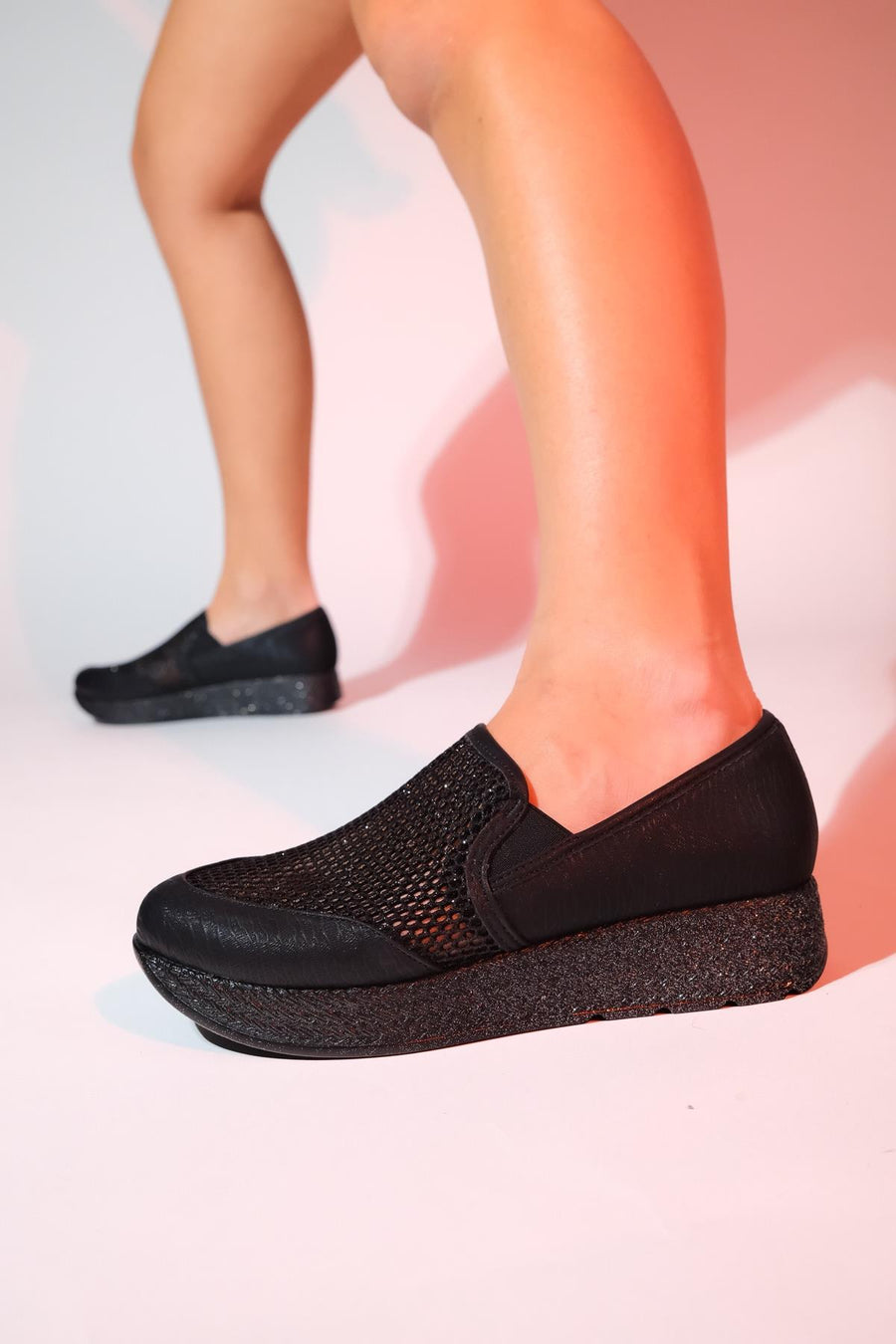 Purcan - Black Glitter Mesh Chunky Sole Casual Shoe