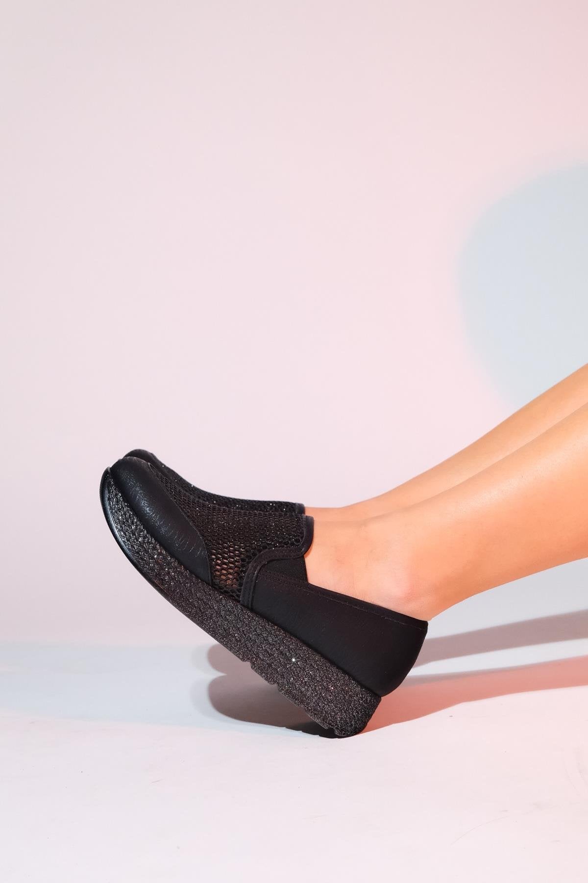 Purcan - Black Glitter Mesh Chunky Sole Casual Shoe – side view showing leather, glitter, mesh, SimmiUnique
