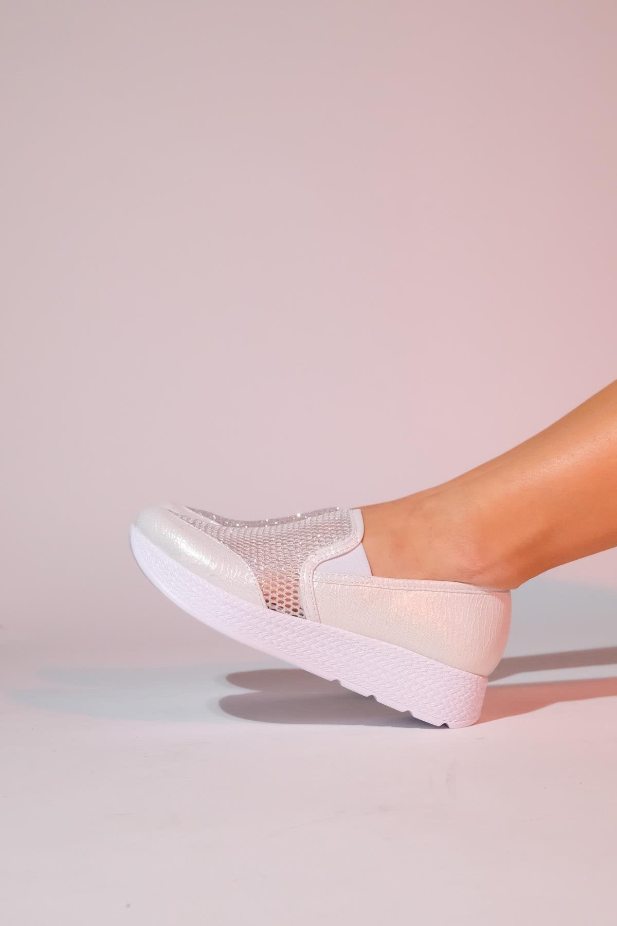 Purcan - Pearl Glitter Mesh Chunky Sole Casual Shoe – side view showing pearl, leather, glitter, SimmiUnique