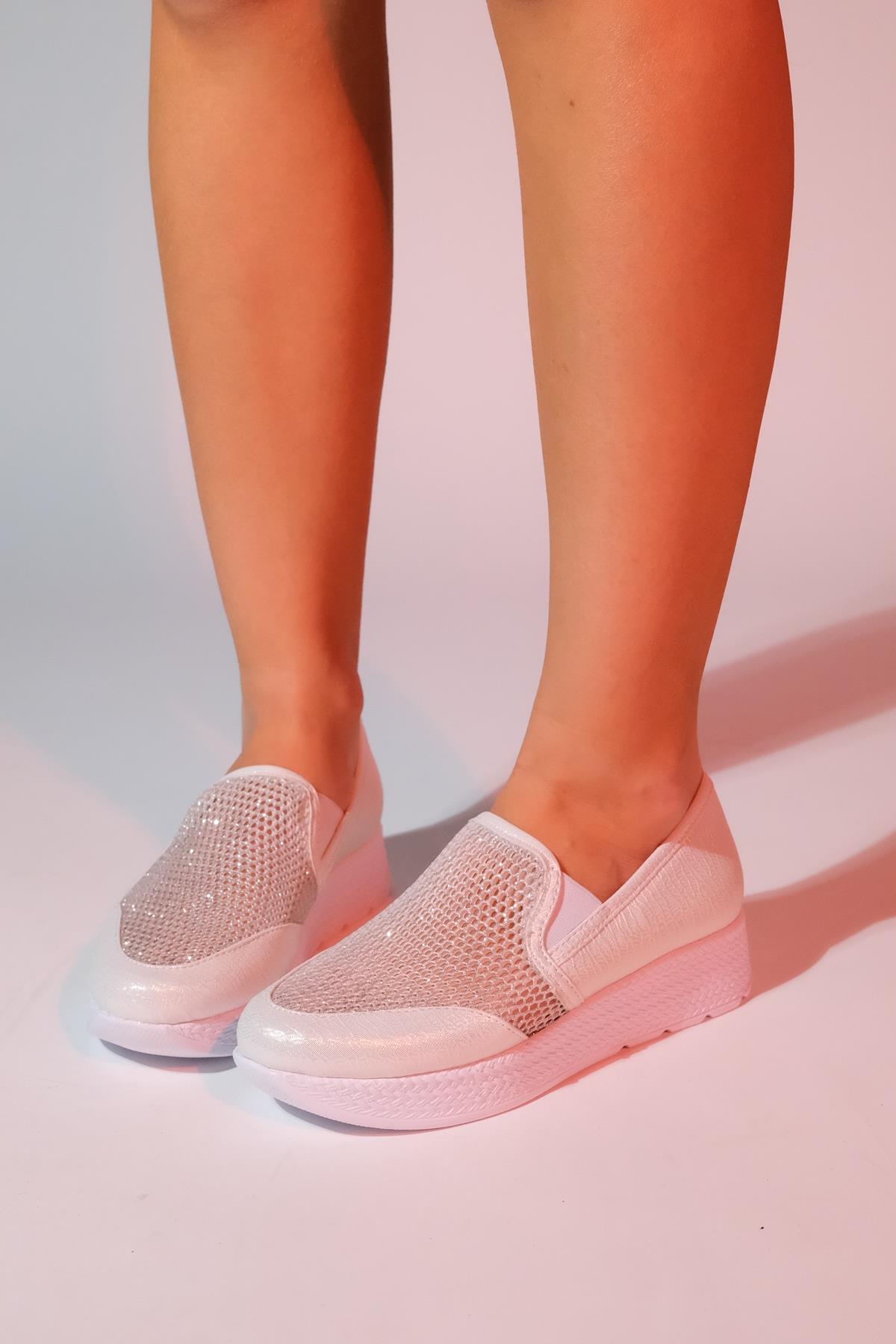 Purcan - Pearl Glitter Mesh Chunky Sole Casual Shoe – heel view showing pearl, leather, glitter, SimmiUnique
